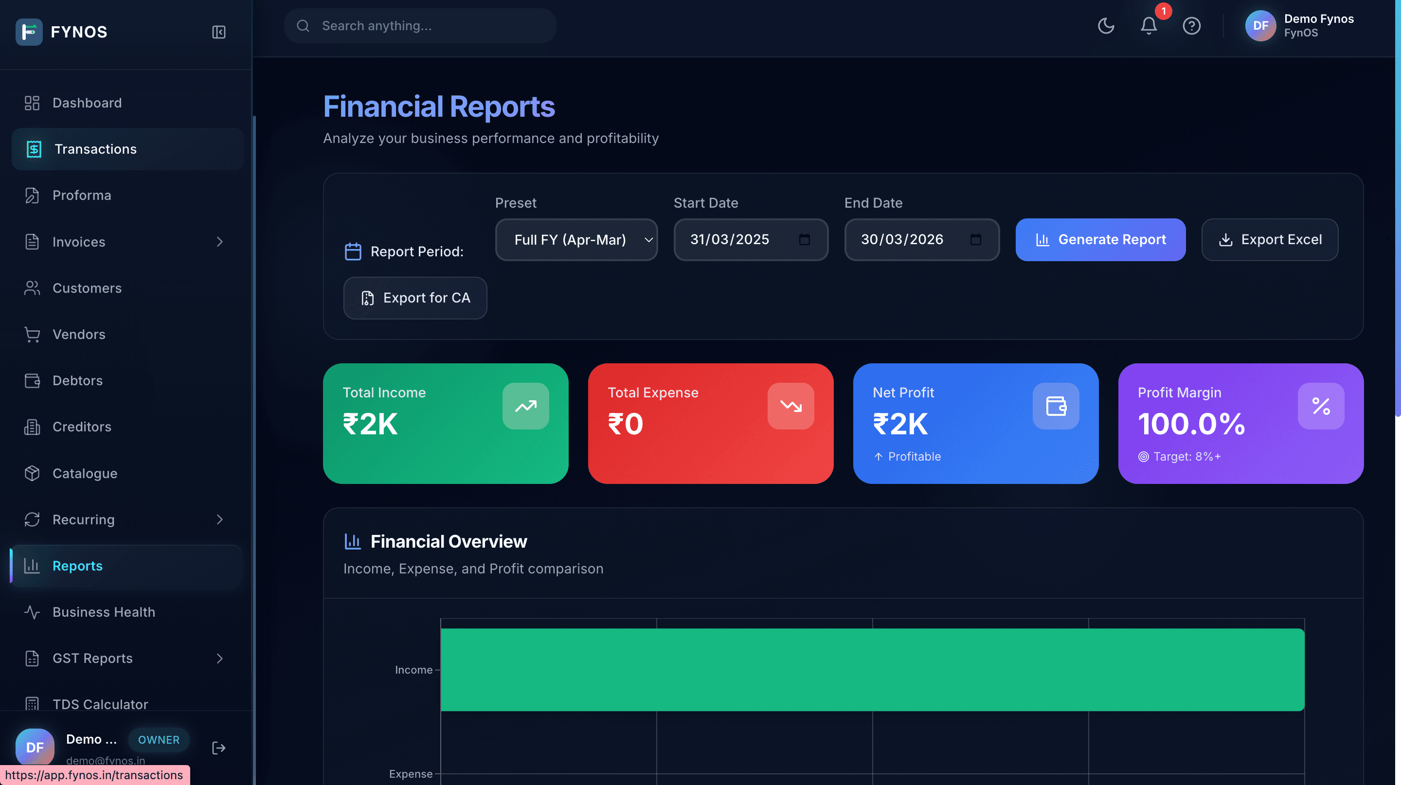 FynOS reports and analytics preview